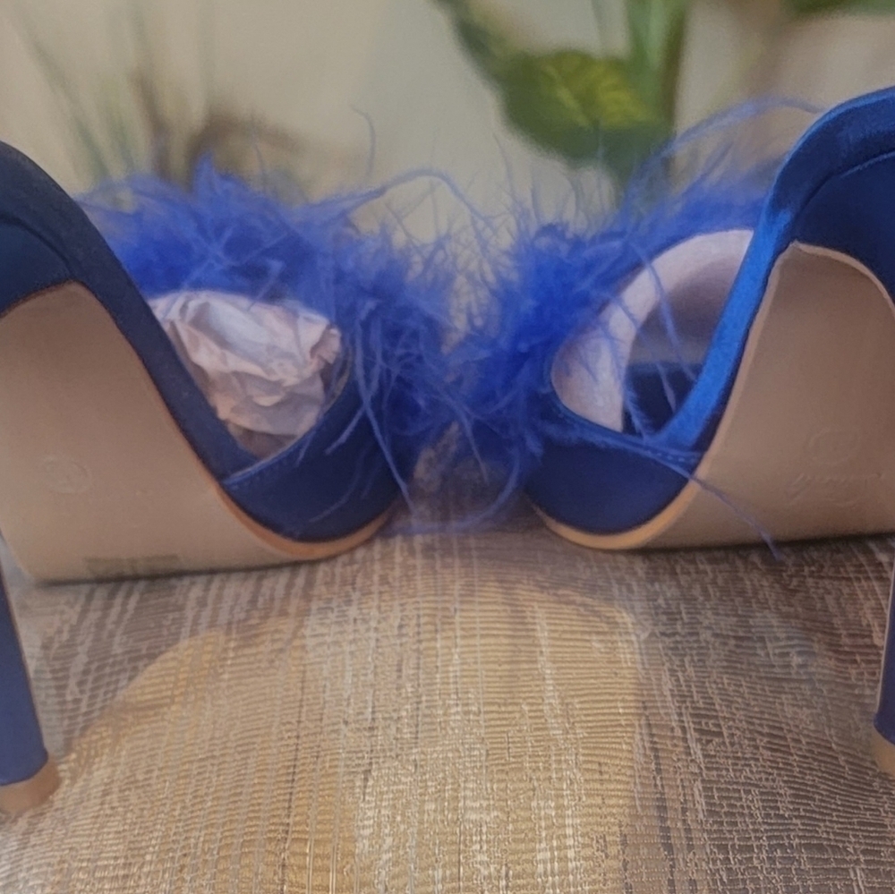 Royal Blue High Heel Stiletto Feather Fluffy Sandals/Sexy Slippers/Mules/Slides - Picture 4 of 15